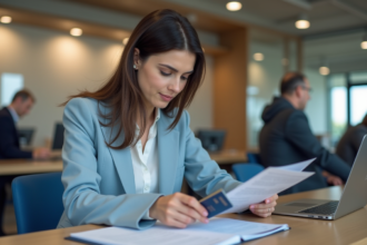 Femme remplissant des formulaires à la mairie