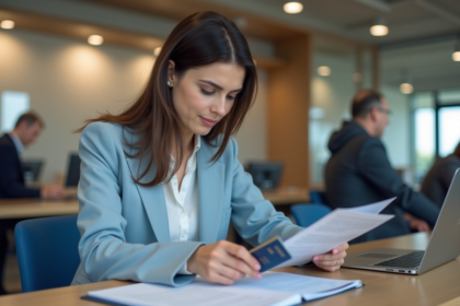 Femme remplissant des formulaires à la mairie