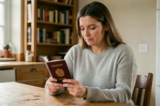 Femme tenant un passeport français en attendant le SMS de retrait de son document officiel