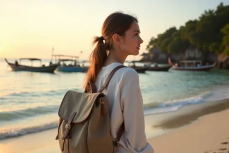 Jeune femme contemplant la mer à Gili Air au lever du soleil