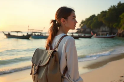 Jeune femme contemplant la mer à Gili Air au lever du soleil