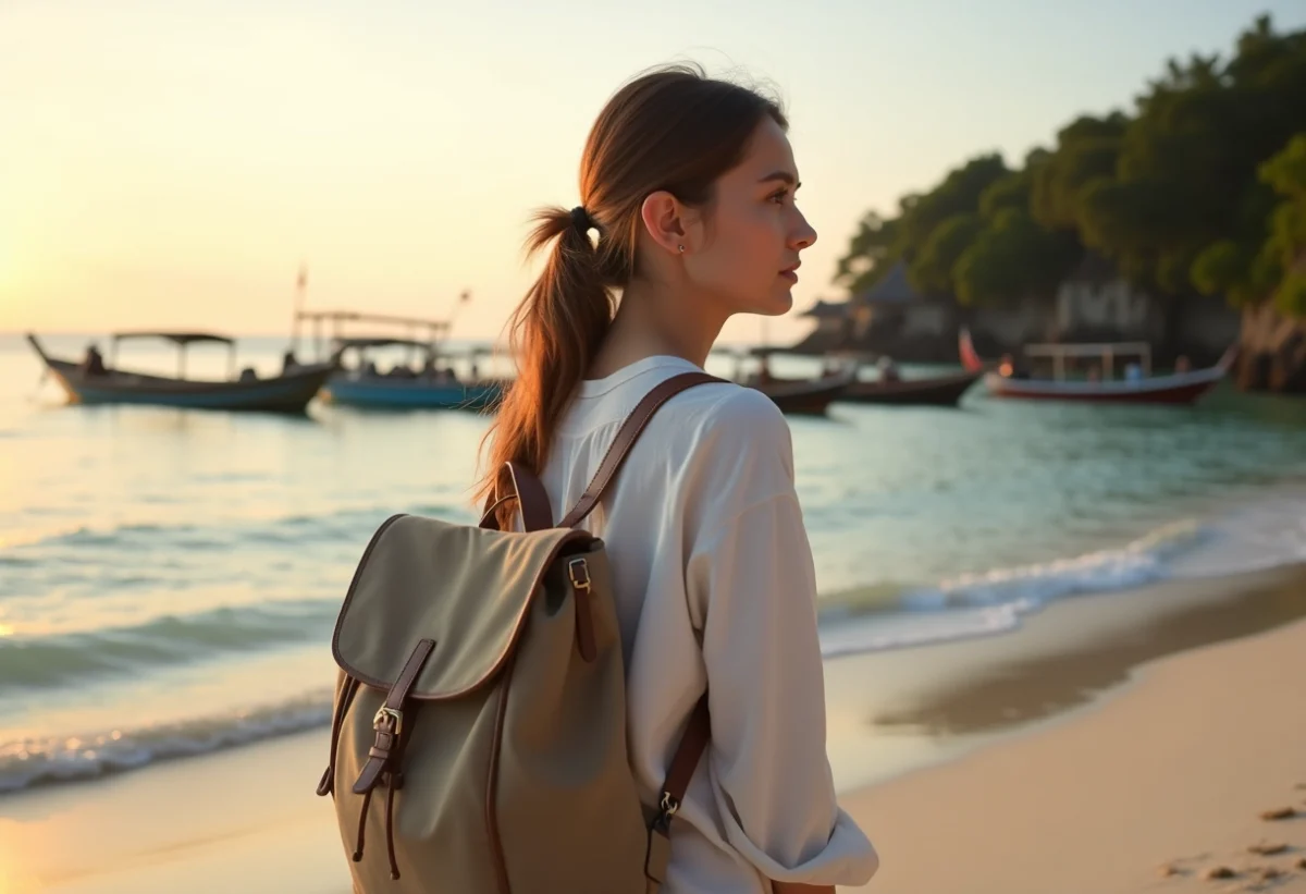 Jeune femme contemplant la mer à Gili Air au lever du soleil