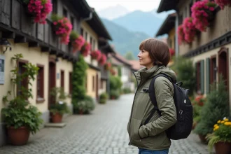 Femme regardant les maisons en bois de Gummering en Bavière