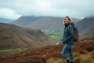 Femme souriante en randonnée dans les Highlands britanniques