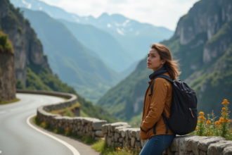 Jeune femme en randonnée avec vue sur montagnes