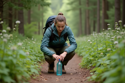 Jeune femme en randonnée ramassant une bouteille en forêt