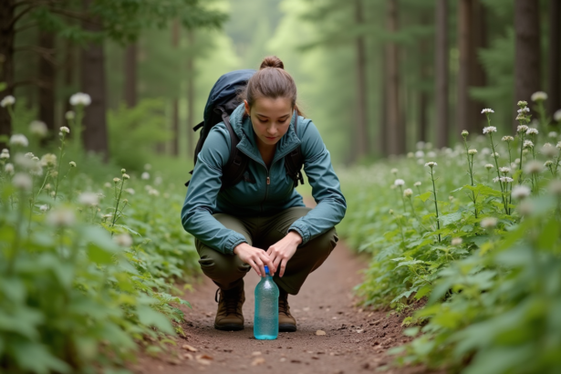 Jeune femme en randonnée ramassant une bouteille en forêt