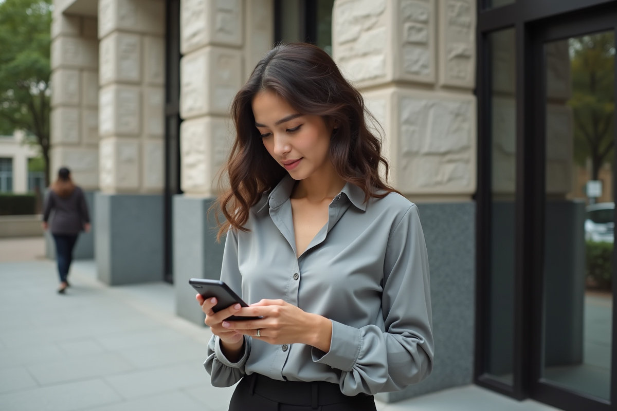 Femme regardant un message de rejet devant un bâtiment officiel