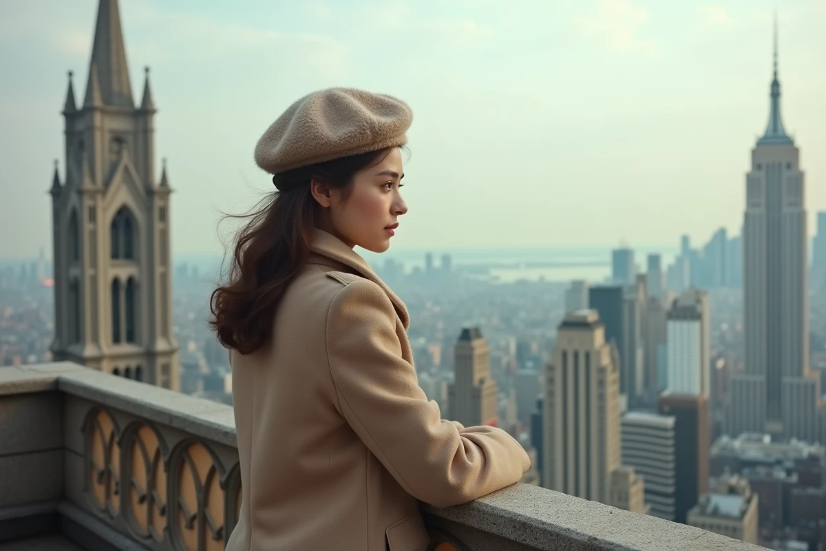 Jeune femme observant Manhattan depuis le sommet du Woolworth Building