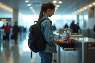 Jeune femme à la sécurité de l'aéroport en train de vider son sac