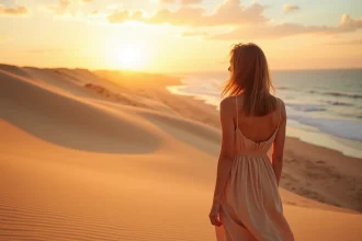 Femme au sommet de la Dune du Pilat admirant le coucher de soleil sur le Bassin d'Arcachon