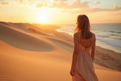 Femme au sommet de la Dune du Pilat admirant le coucher de soleil sur le Bassin d'Arcachon