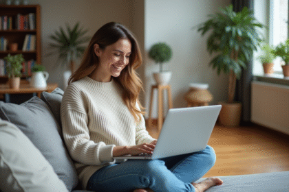 Femme souriante comparant options logement sur son ordinateur