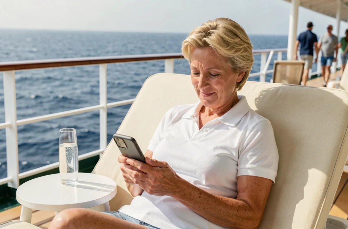 Femme en transat sur le pont d'un bateau de croisière consultant son smartphone pour réserver une croisière club