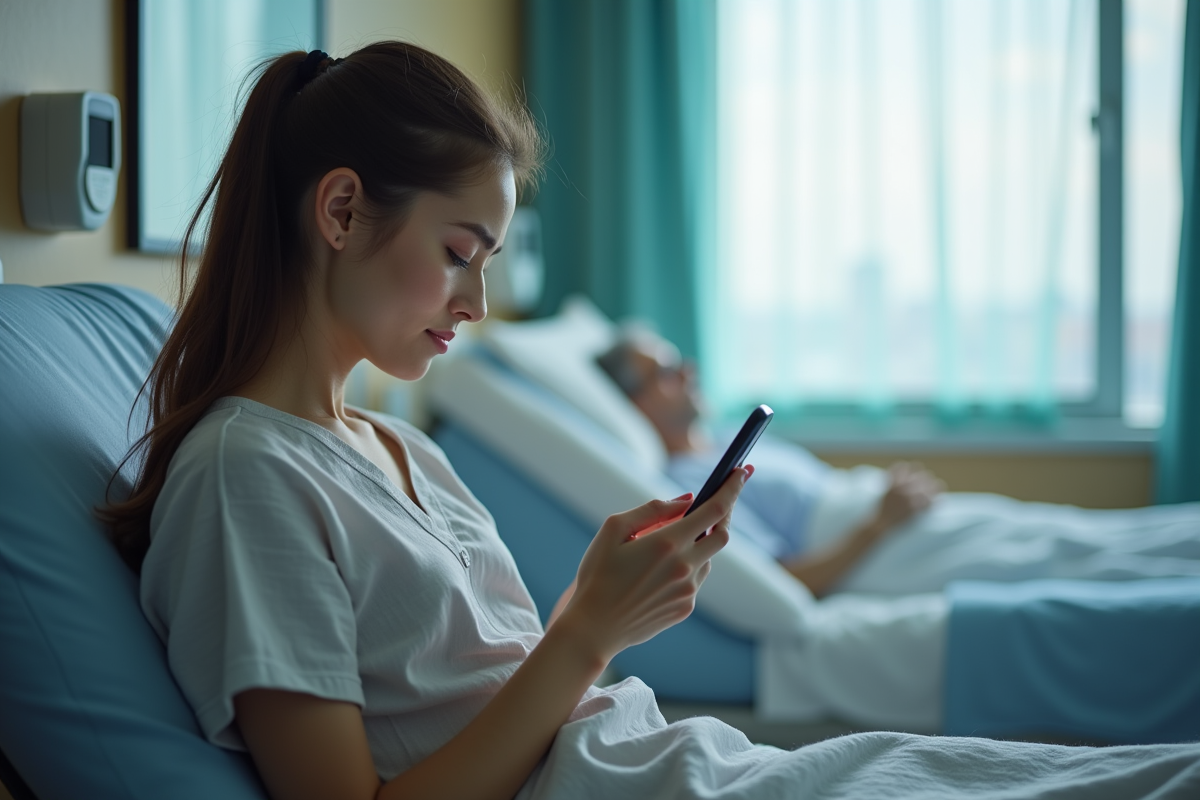 Jeune femme contactant les secours dans une clinique