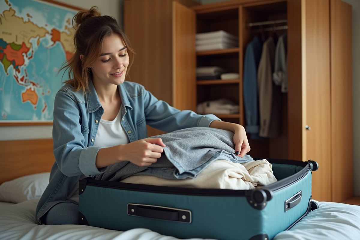 Jeune femme préparant sa valise dans une chambre d'hôtel