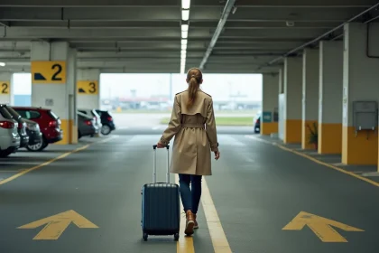 Femme avec valise marchant dans le parking P5 de l'aéroport de Toulouse vers le terminal