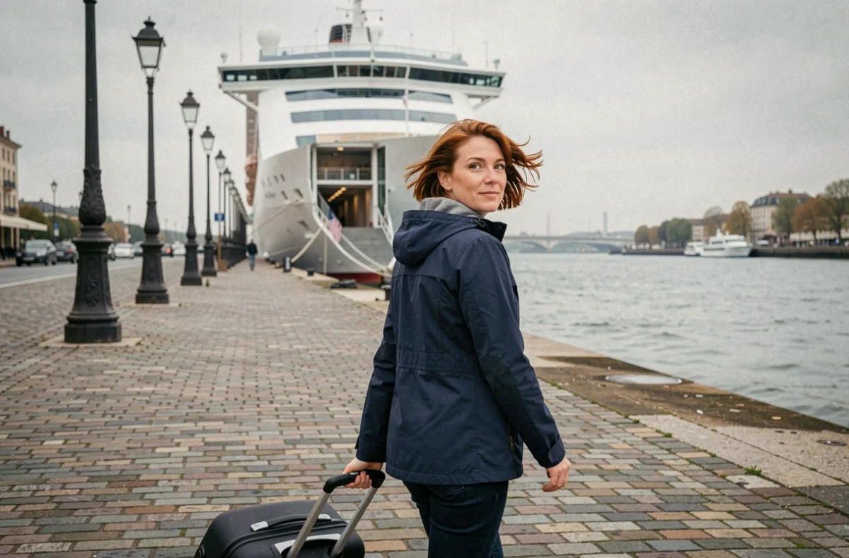 Femme avec valise marchant sur les quais de Bordeaux vers un paquebot de croisière