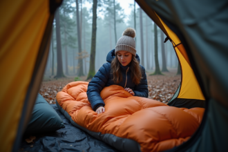 Jeune femme en plein outdoor en train de fermer un sac de couchage