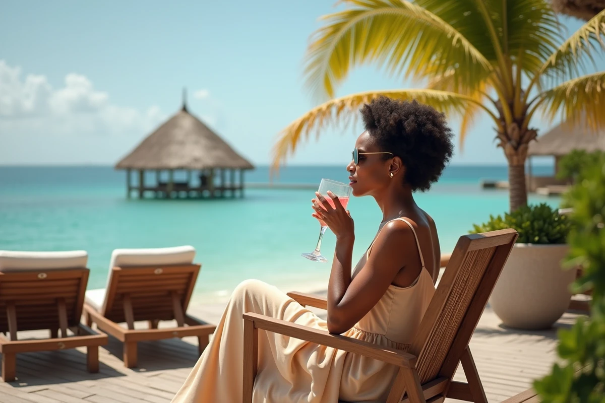 Femme détendue sirotant un cocktail sur la terrasse en Guadeloupe