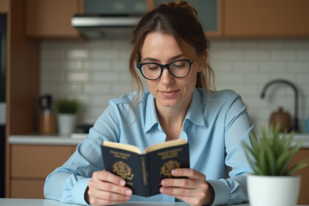 Femme examinant son vieux passeport dans la cuisine lumineuse