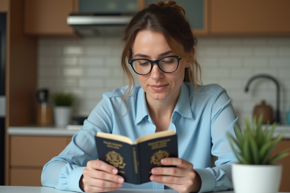 Femme examinant son vieux passeport dans la cuisine lumineuse