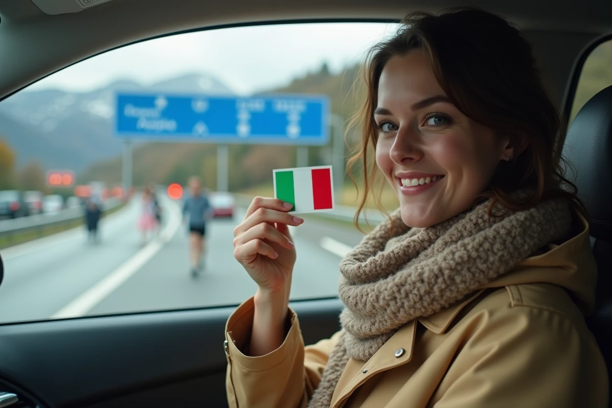 Jeune femme montrant une vignette autoroute italienne dans la voiture