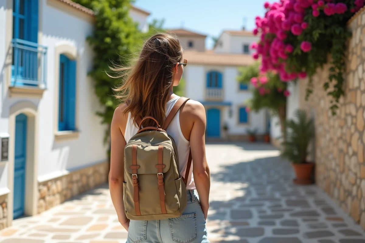 Femme marche dans un village pittoresque de Skopelos avec maisons blanches
