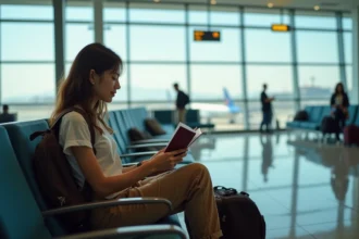 Jeune femme avec sac à l'aéroport vérifiant son passeport