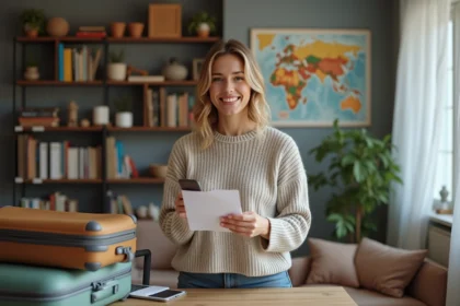 Femme souriante en voyage avec confirmation et valise