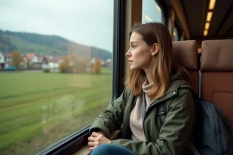 Jeune femme voyageant en train regardant par la fenêtre