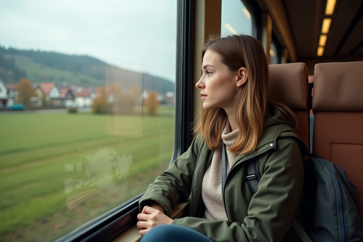 Jeune femme voyageant en train regardant par la fenêtre