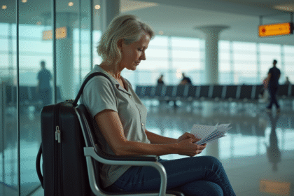 Femme voyageuse assise avec valise à l'aéroport
