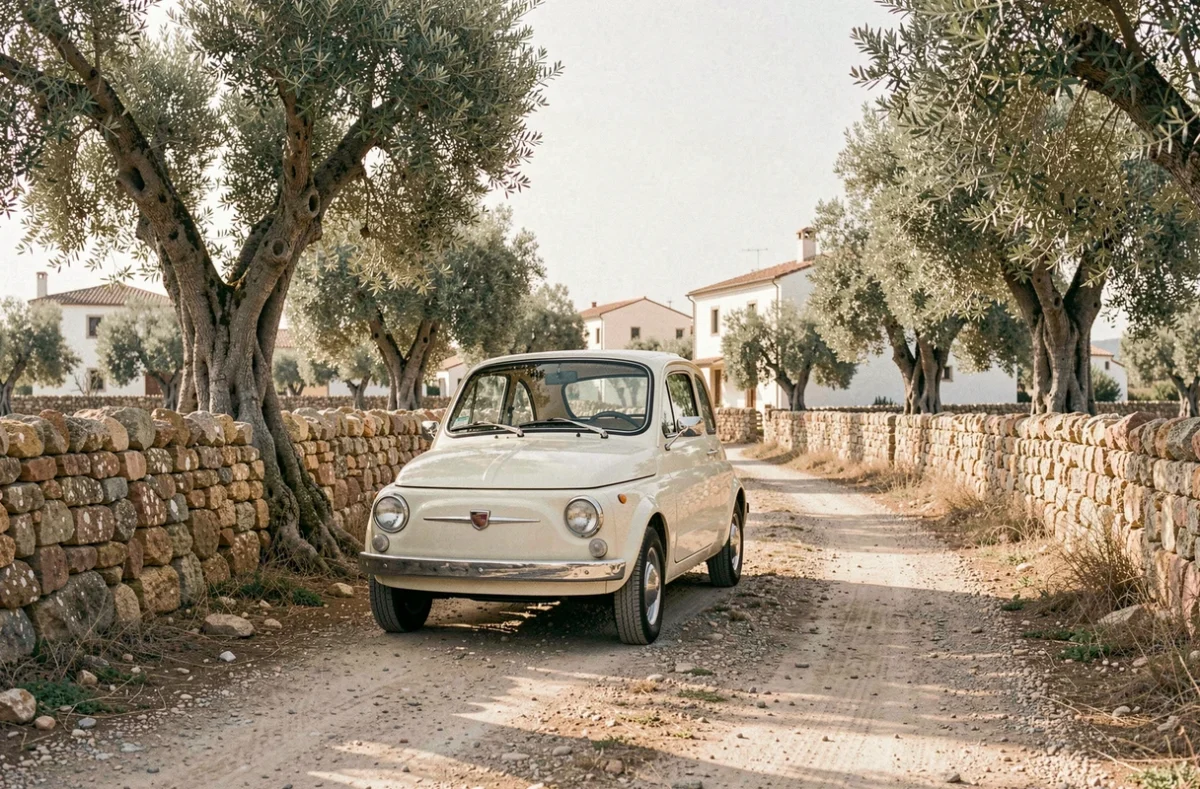 Fiat 500 vintage garée sur une route de campagne des Pouilles bordée de murs en pierre sèche et d'oliviers centenaires