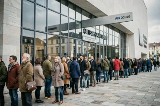 File de visiteurs devant l'entrée du musée Titanic à Lyon, illustrant l'affluence et l'intérêt pour la réservation à l'avance