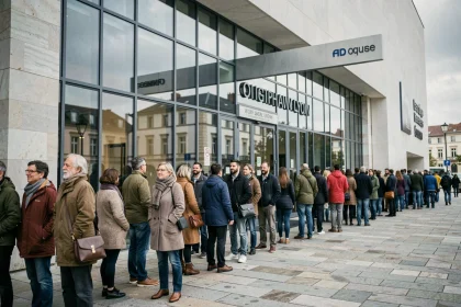 File de visiteurs devant l'entrée du musée Titanic à Lyon, illustrant l'affluence et l'intérêt pour la réservation à l'avance