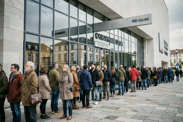 File de visiteurs devant l'entrée du musée Titanic à Lyon, illustrant l'affluence et l'intérêt pour la réservation à l'avance