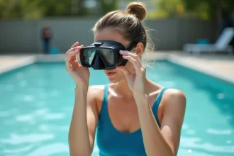 Jeune femme en maillot bleu préparant sa caméra sous-marine au bord de la piscine