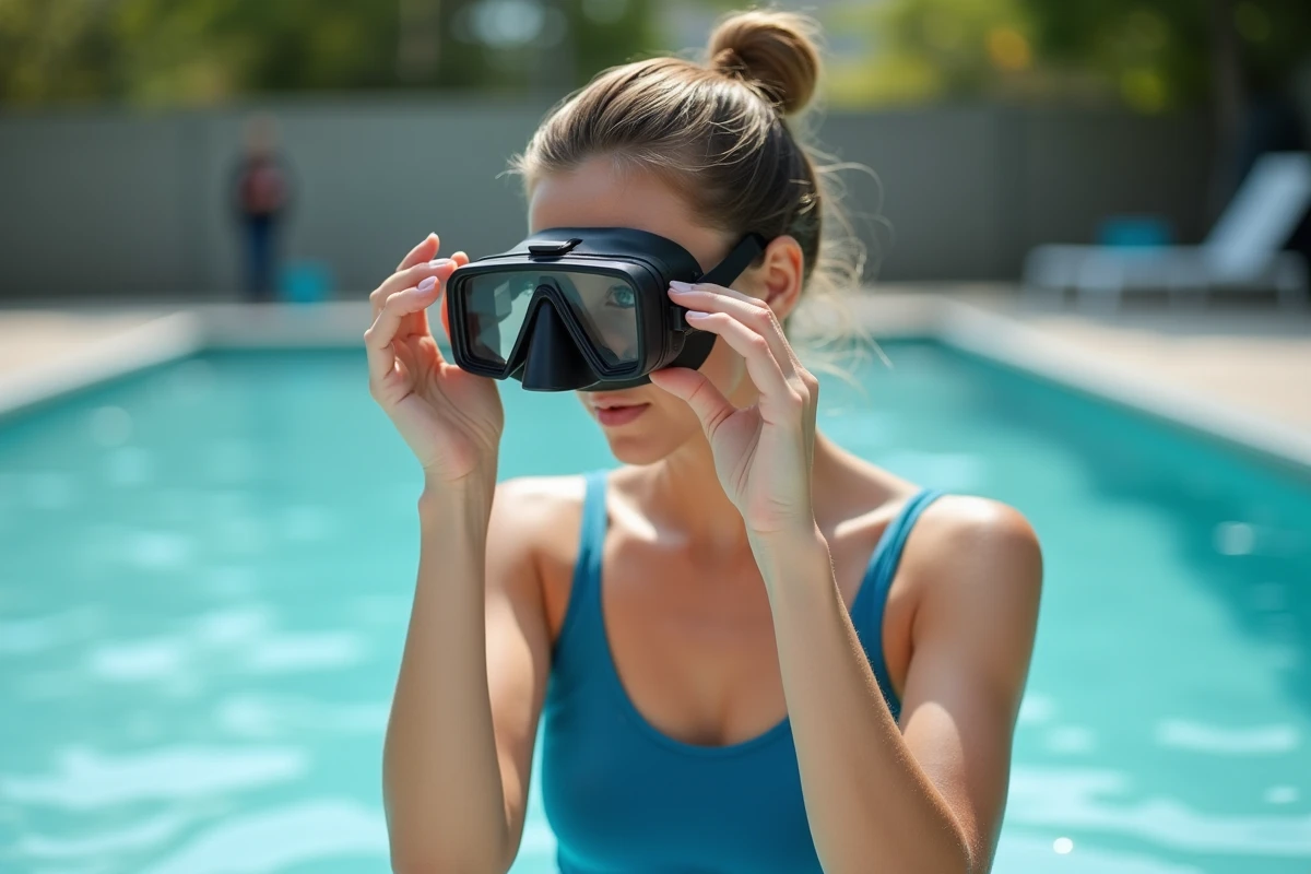 Jeune femme en maillot bleu préparant sa caméra sous-marine au bord de la piscine