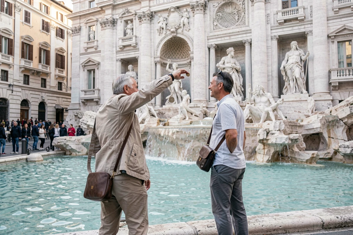 Couple de touristes lançant une pièce dans la Fontaine de Trévi à Rome entourés de visiteurs