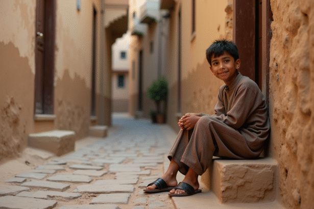 Jeune garçon nord-africain assis sur un seuil usé dans une vieille ruelle