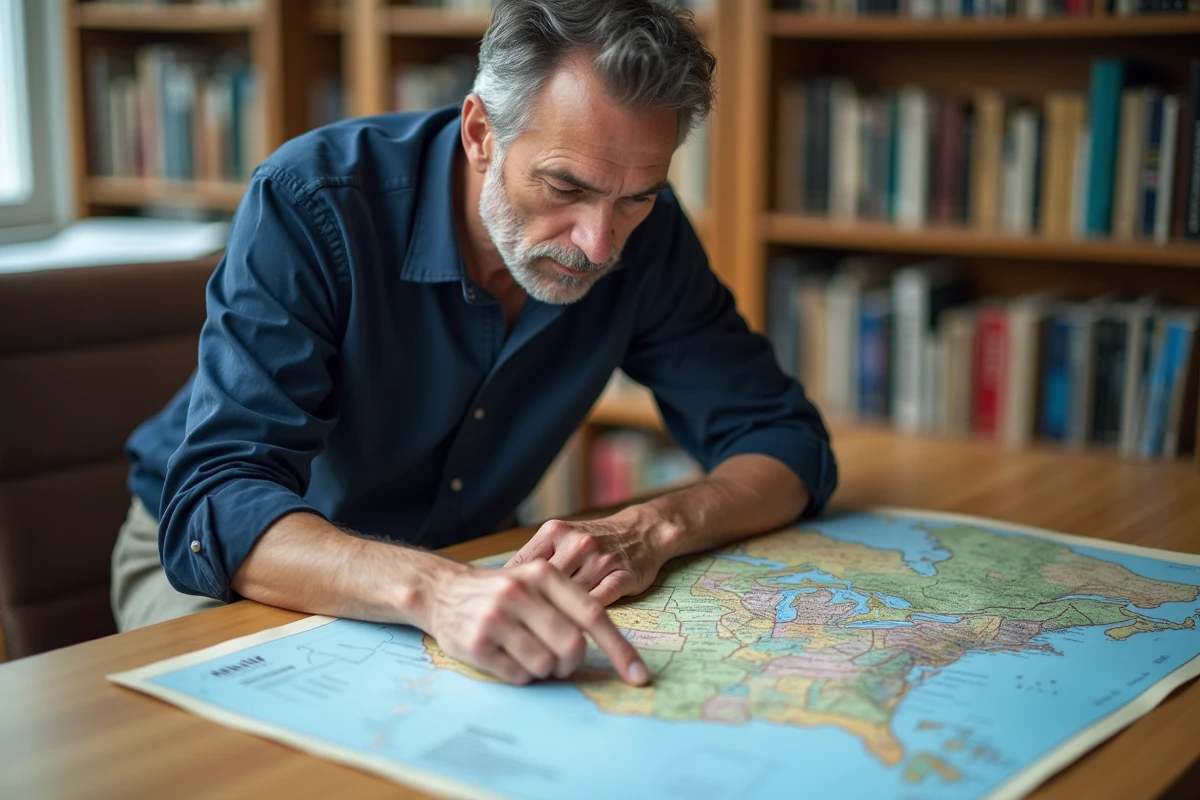 Géographe analysant une carte des États-Unis avec les données de population des plus grandes agglomérations américaines