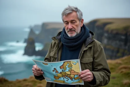 Geographe homme regardant une carte d'Europe et d'Islande