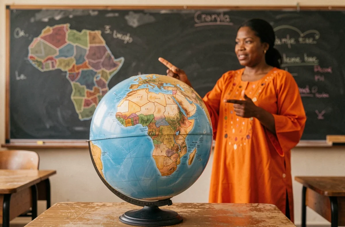 Enseignante en boubou orange montrant l'Afrique et le Sénégal sur un globe terrestre en relief dans une salle de classe