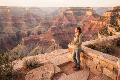 Voyageuse admirant le panorama spectaculaire du Grand Canyon depuis le South Rim lors d'un premier voyage aux États-Unis