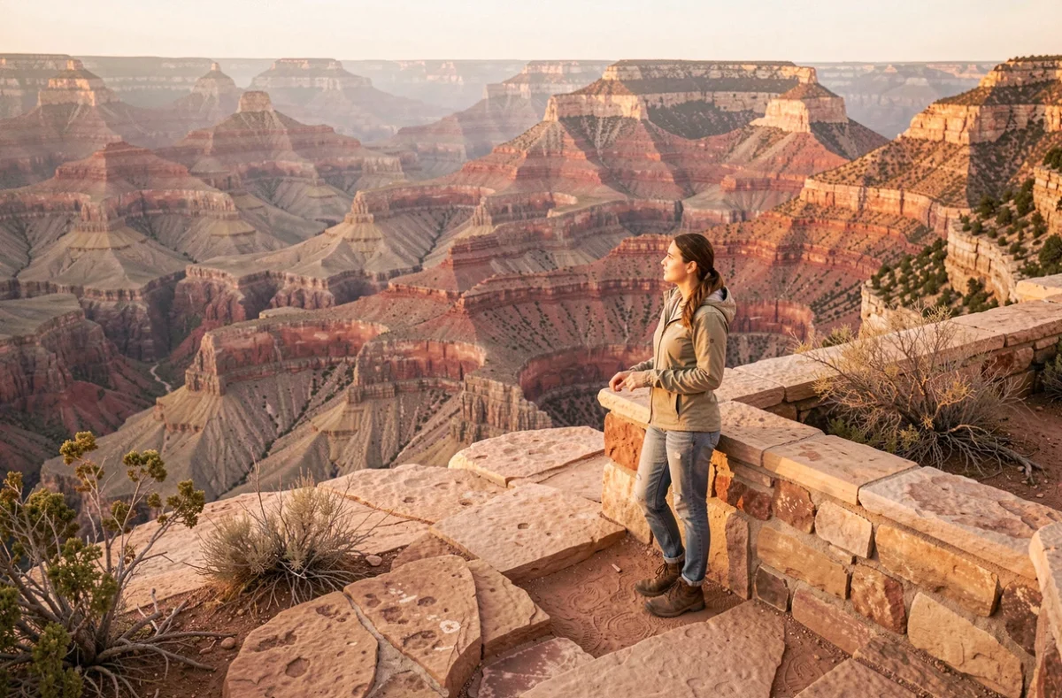 Voyageuse admirant le panorama spectaculaire du Grand Canyon depuis le South Rim lors d'un premier voyage aux États-Unis