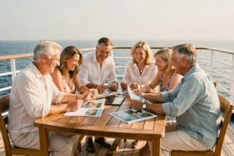 Groupe d'adultes en tenue décontractée consultant des brochures de croisière club sur le pont d'un bateau de croisière