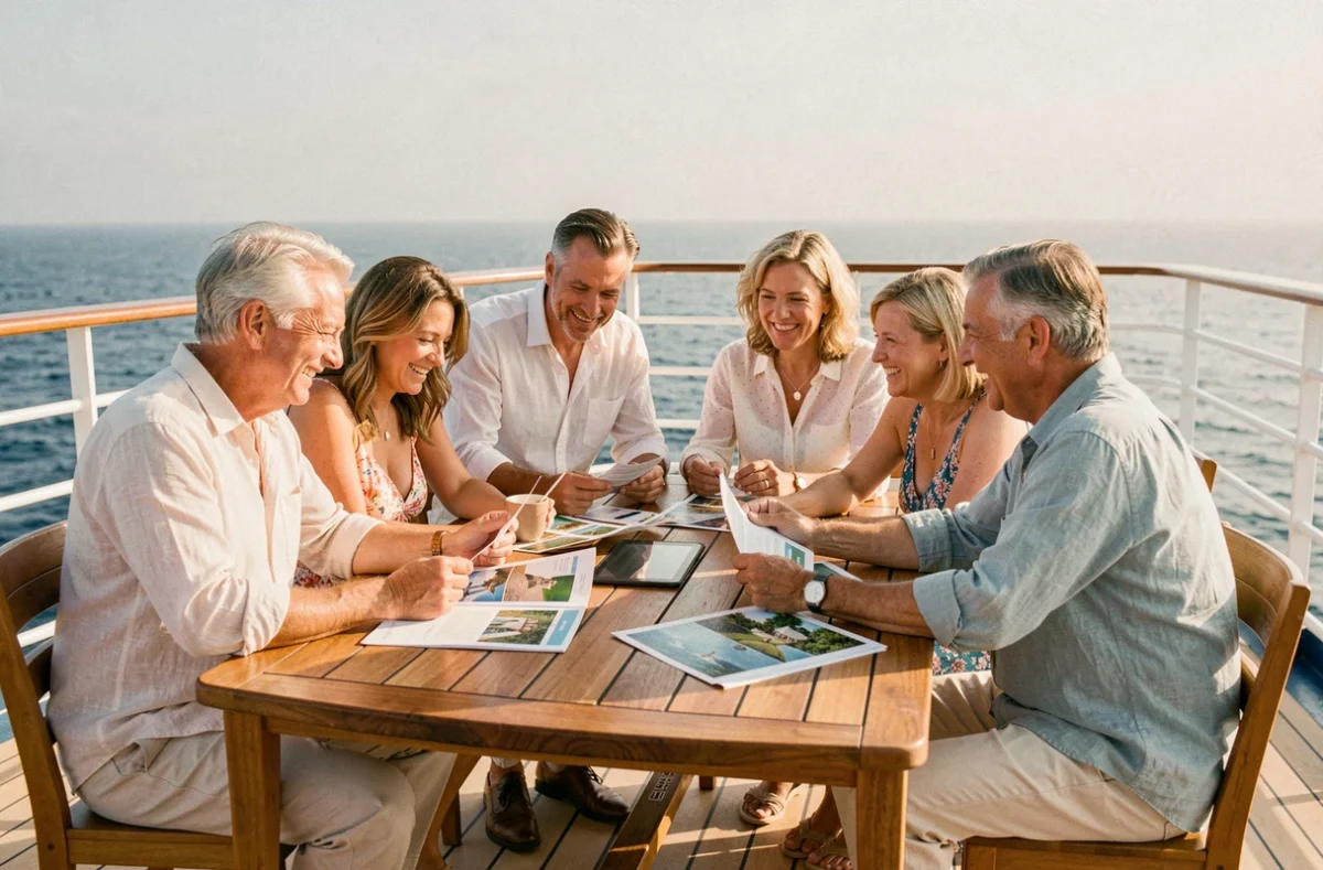 Groupe d'adultes en tenue décontractée consultant des brochures de croisière club sur le pont d'un bateau de croisière