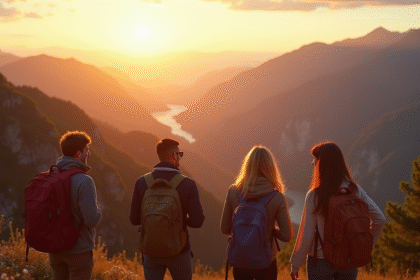 Groupe de voyageurs heureux face à la montagne au lever du soleil