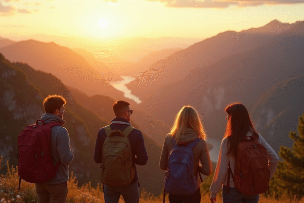 Groupe de voyageurs heureux face à la montagne au lever du soleil
